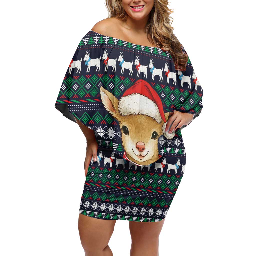 Cute Reindeer in Santa Hat Off Shoulder Short Dress with Red Green Snowflake Knit Pattern Design - Wonder Print Shop