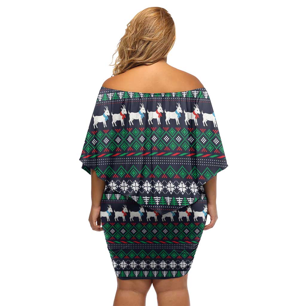 Cute Reindeer in Santa Hat Off Shoulder Short Dress with Red Green Snowflake Knit Pattern Design - Wonder Print Shop