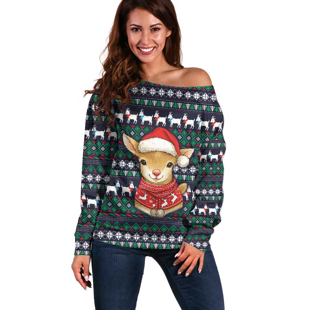 Cute Reindeer in Santa Hat Off Shoulder Sweater with Red Green Snowflake Knit Pattern Design - Wonder Print Shop
