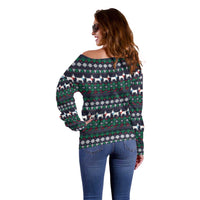 Cute Reindeer in Santa Hat Off Shoulder Sweater with Red Green Snowflake Knit Pattern Design - Wonder Print Shop