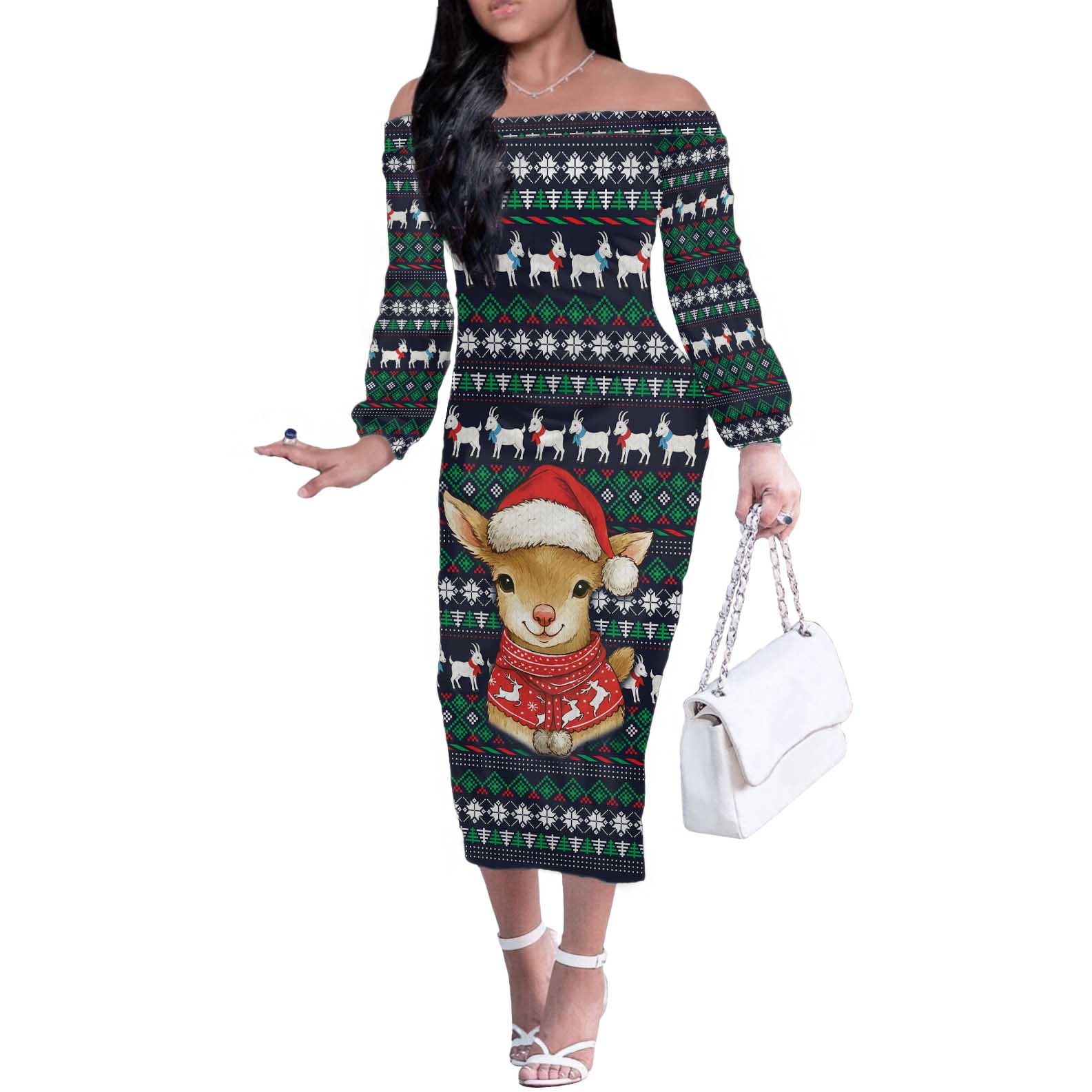 Cute Reindeer in Santa Hat Off The Shoulder Long Sleeve Dress with Red Green Snowflake Knit Pattern Design - Wonder Print Shop