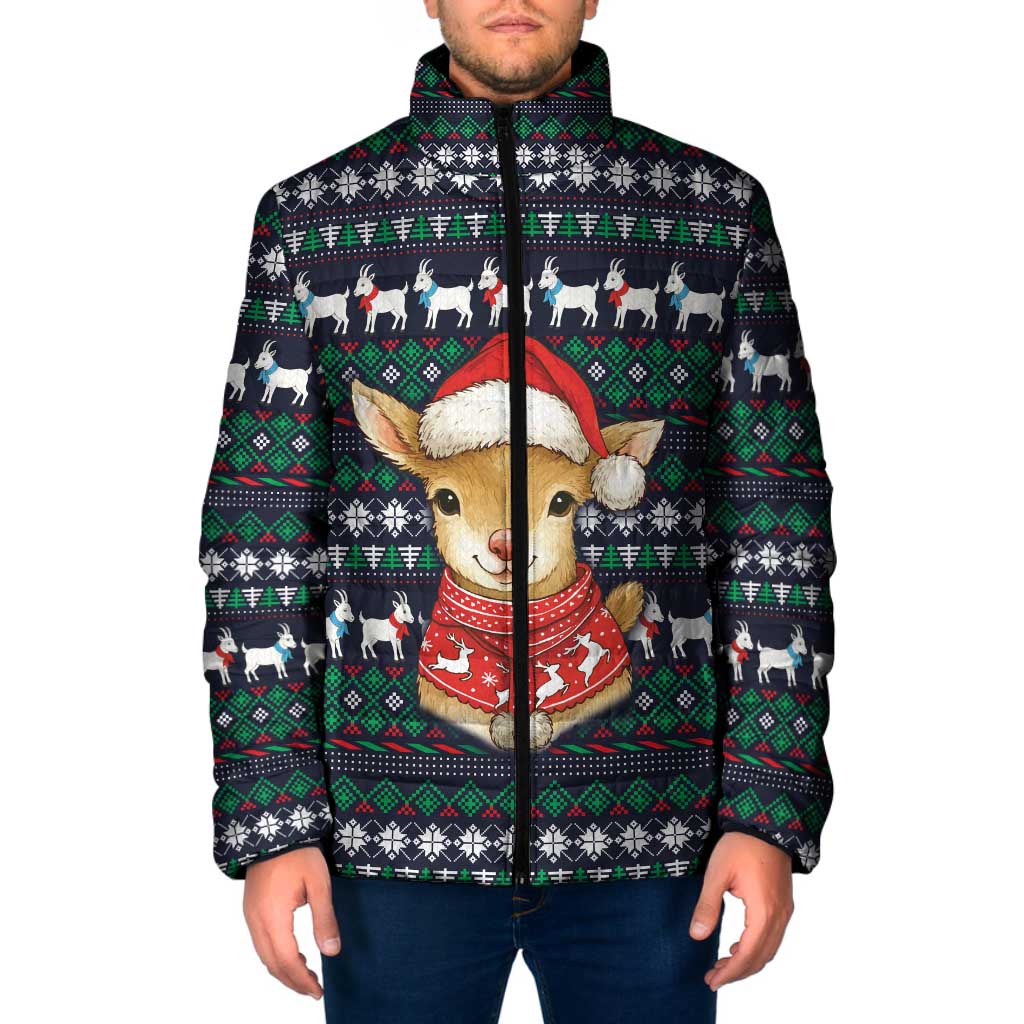 Cute Reindeer in Santa Hat Padded Jacket with Red Green Snowflake Knit Pattern Design - Wonder Print Shop