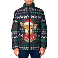 Cute Reindeer in Santa Hat Padded Jacket with Red Green Snowflake Knit Pattern Design - Wonder Print Shop