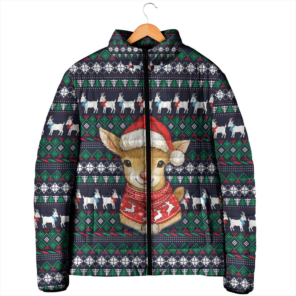 Cute Reindeer in Santa Hat Padded Jacket with Red Green Snowflake Knit Pattern Design - Wonder Print Shop