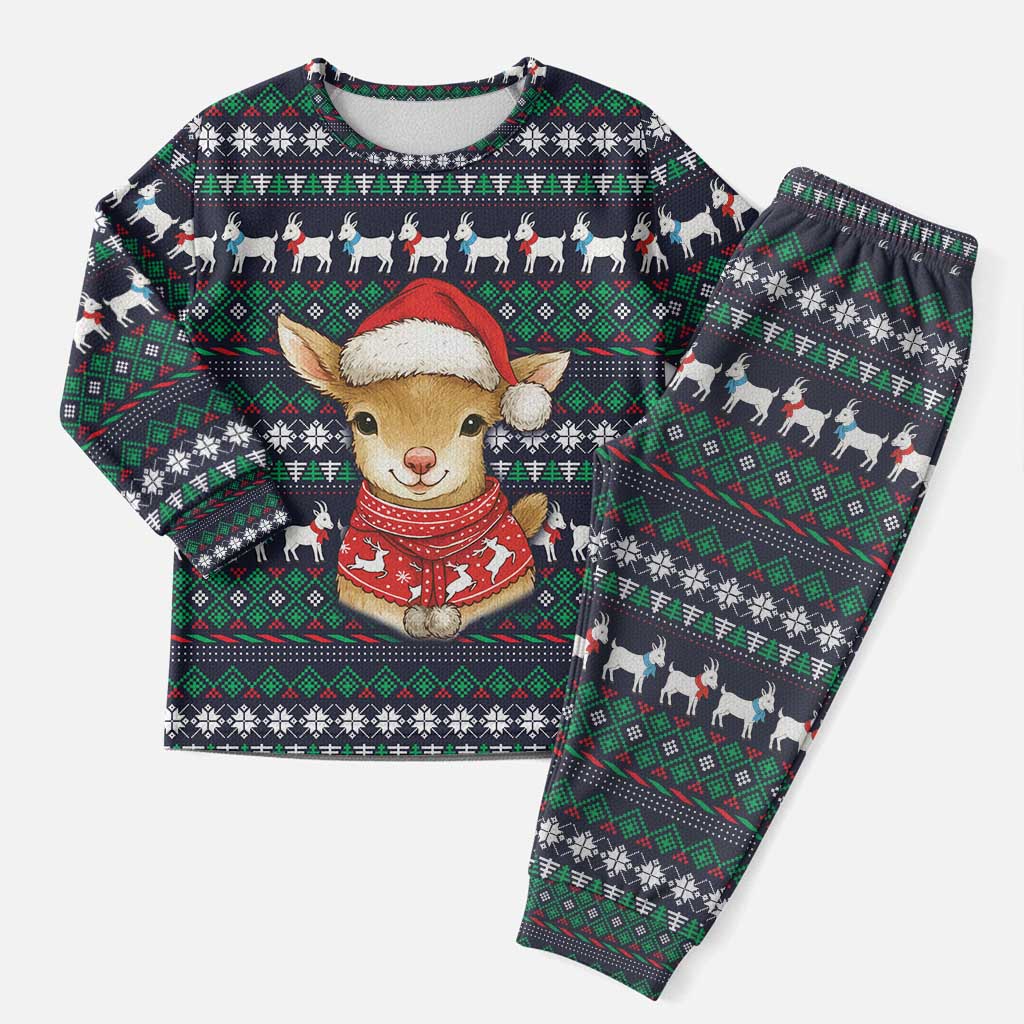 Cute Reindeer in Santa Hat Christmas Pajama Set with Red Green Snowflake Knit Pattern Design - Wonder Print Shop