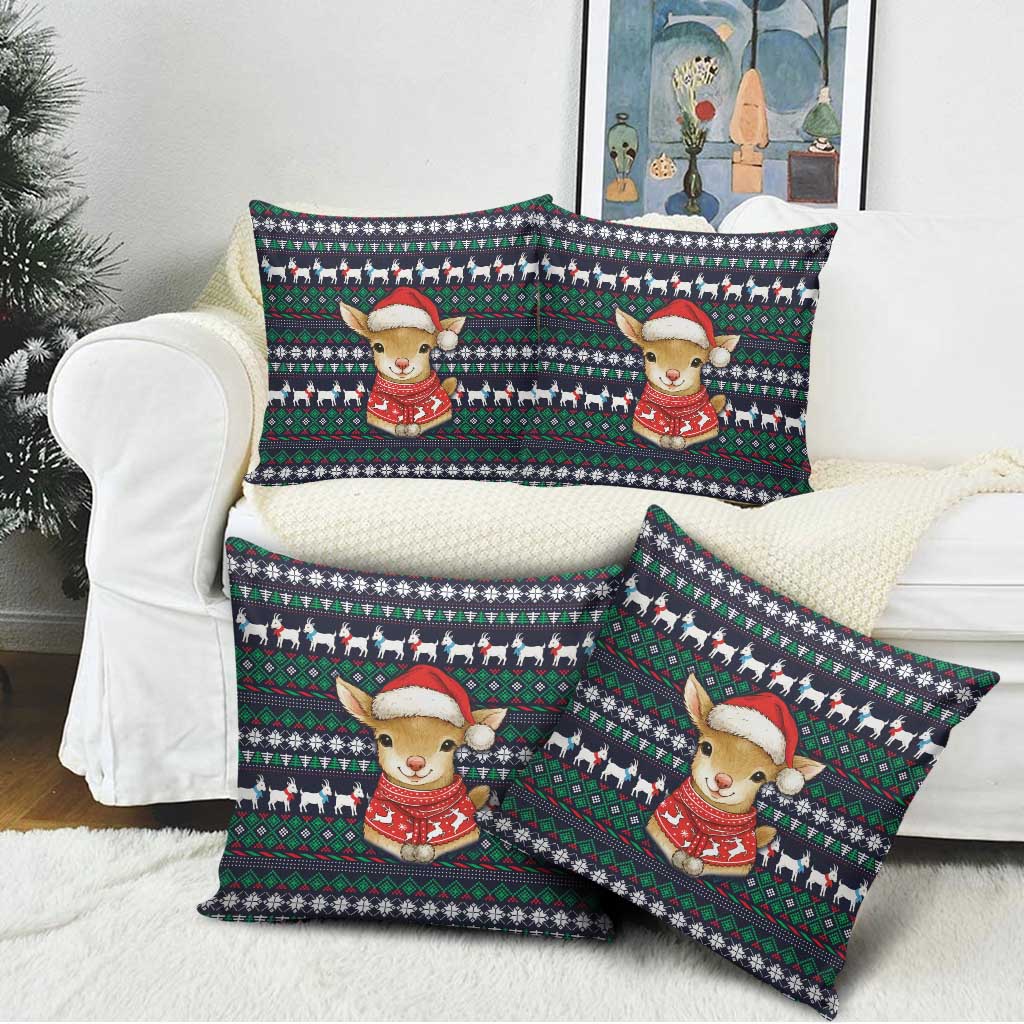 Cute Reindeer in Santa Hat Pillow Cover with Red Green Snowflake Knit Pattern Design - Wonder Print Shop