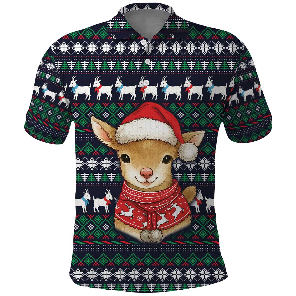 Cute Reindeer in Santa Hat Polo Shirt with Red Green Snowflake Knit Pattern Design - Wonder Print Shop