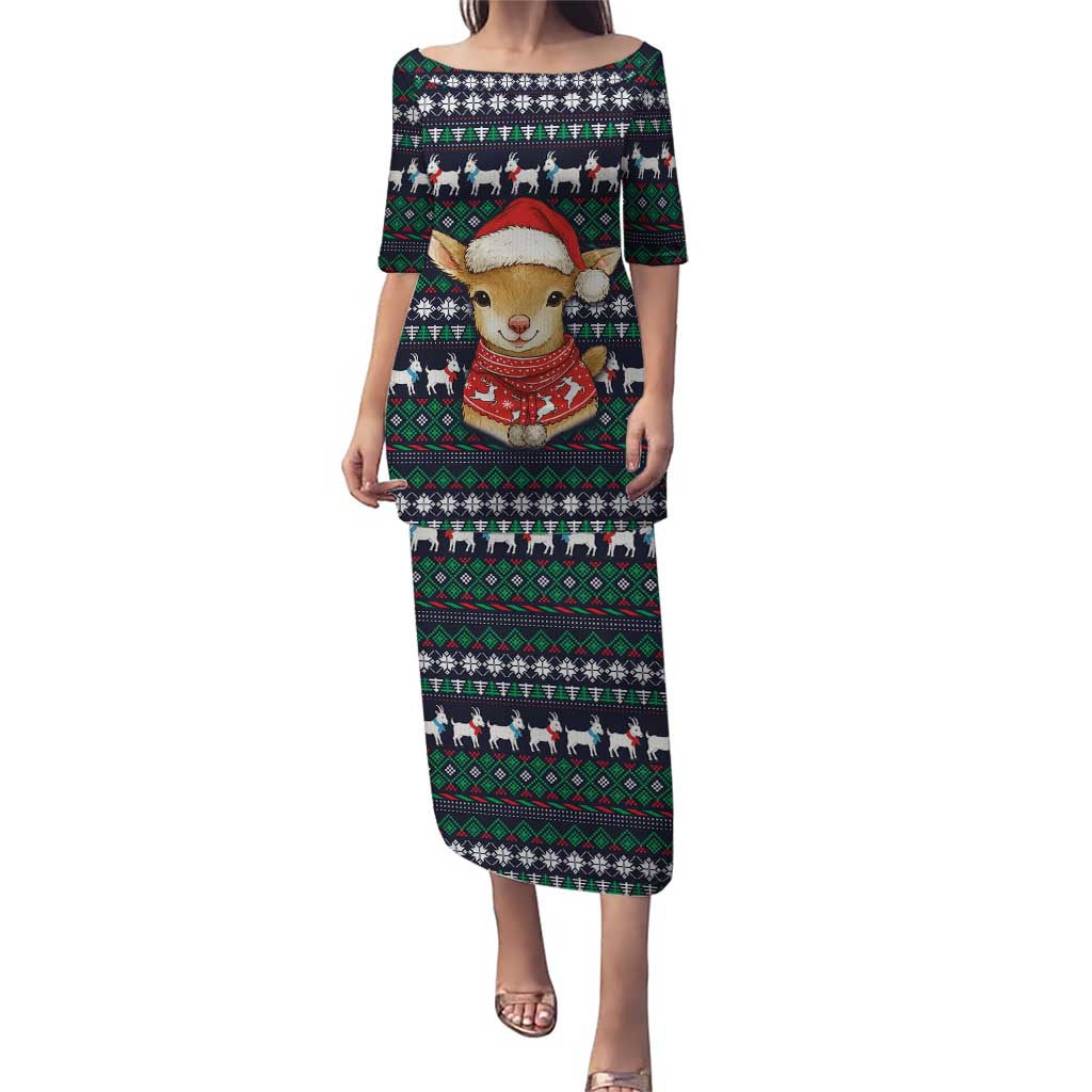 Cute Reindeer in Santa Hat Puletasi with Red Green Snowflake Knit Pattern Design - Wonder Print Shop