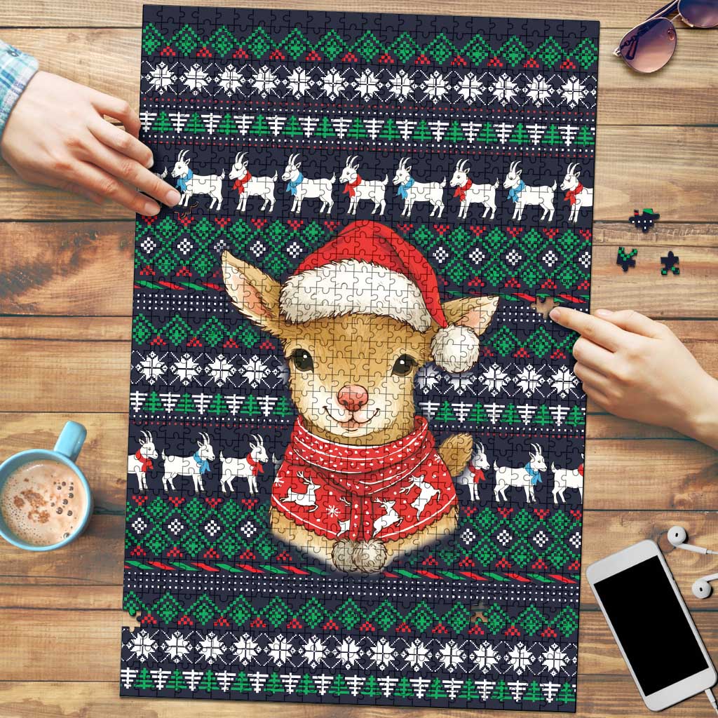 Cute Reindeer in Santa Hat Puzzle with Red Green Snowflake Knit Pattern Design - Wonder Print Shop