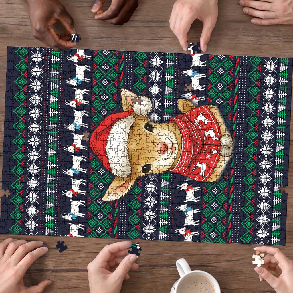 Cute Reindeer in Santa Hat Puzzle with Red Green Snowflake Knit Pattern Design - Wonder Print Shop
