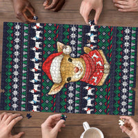 Cute Reindeer in Santa Hat Puzzle with Red Green Snowflake Knit Pattern Design - Wonder Print Shop