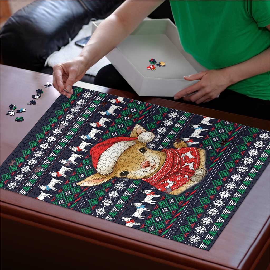 Cute Reindeer in Santa Hat Puzzle with Red Green Snowflake Knit Pattern Design - Wonder Print Shop