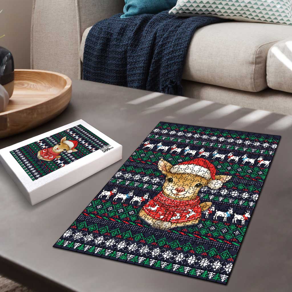 Cute Reindeer in Santa Hat Puzzle with Red Green Snowflake Knit Pattern Design - Wonder Print Shop