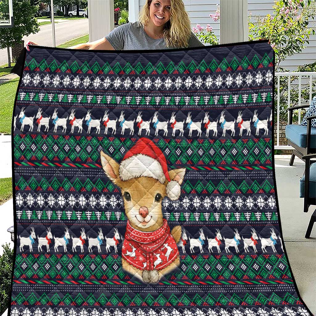 Cute Reindeer in Santa Hat Quilt with Red Green Snowflake Knit Pattern Design - Wonder Print Shop
