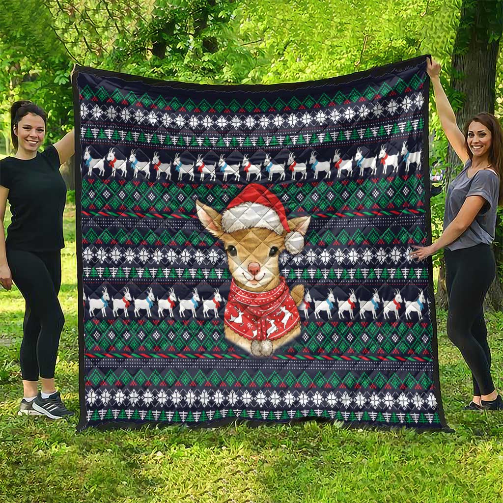 Cute Reindeer in Santa Hat Quilt with Red Green Snowflake Knit Pattern Design - Wonder Print Shop