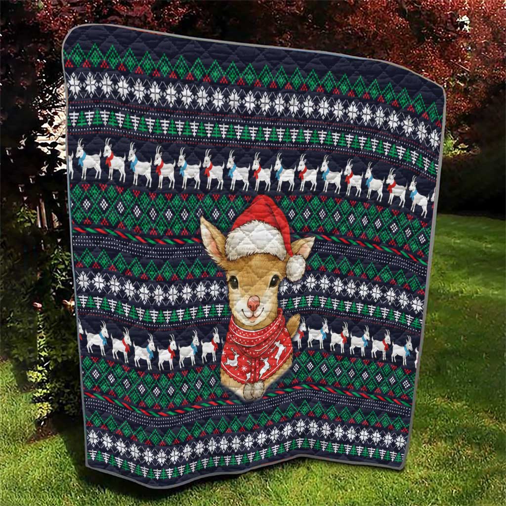 Cute Reindeer in Santa Hat Quilt with Red Green Snowflake Knit Pattern Design - Wonder Print Shop