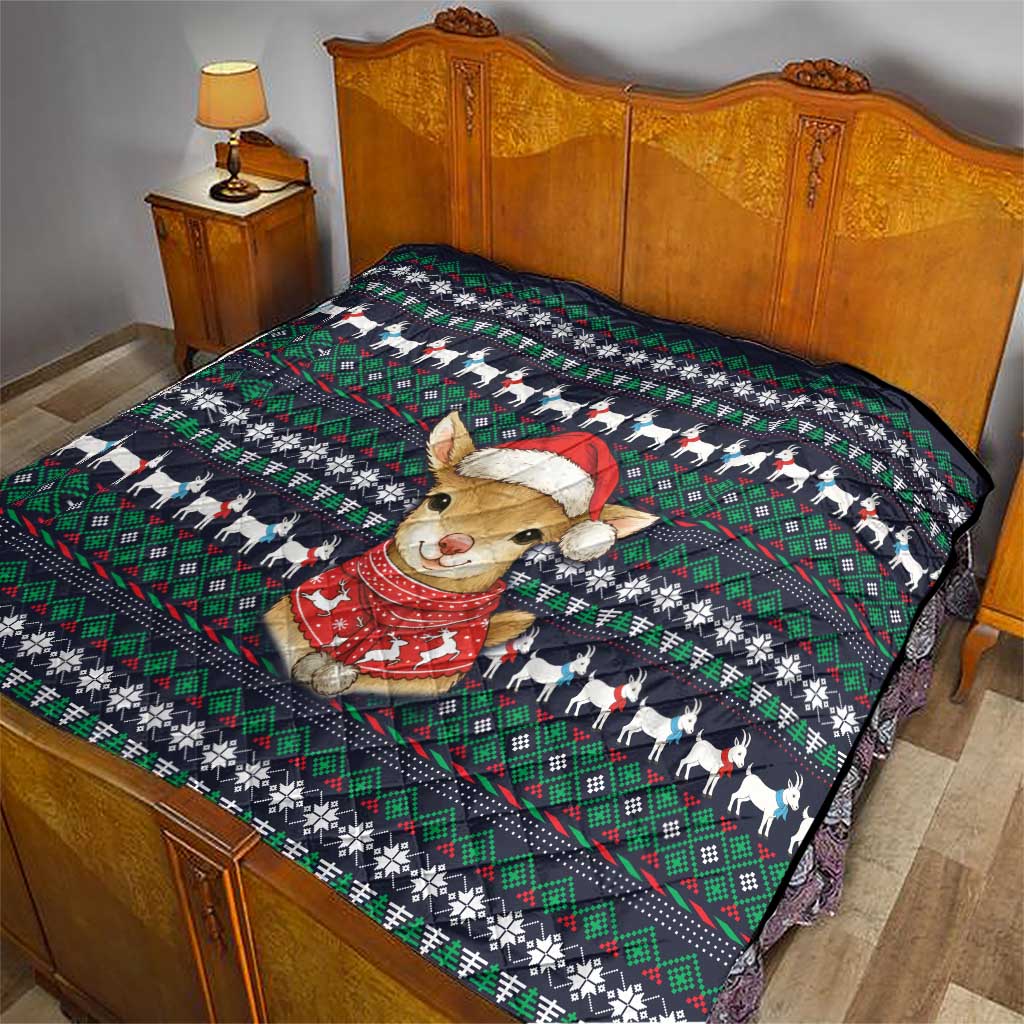 Cute Reindeer in Santa Hat Quilt with Red Green Snowflake Knit Pattern Design - Wonder Print Shop