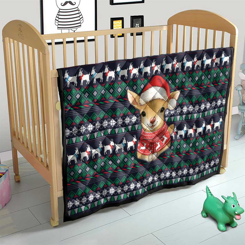 Cute Reindeer in Santa Hat Quilt with Red Green Snowflake Knit Pattern Design - Wonder Print Shop