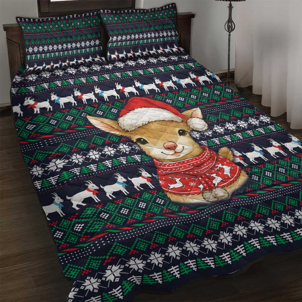 Cute Reindeer in Santa Hat Quilt Bed Set with Red Green Snowflake Knit Pattern Design - Wonder Print Shop