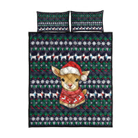 Cute Reindeer in Santa Hat Quilt Bed Set with Red Green Snowflake Knit Pattern Design - Wonder Print Shop