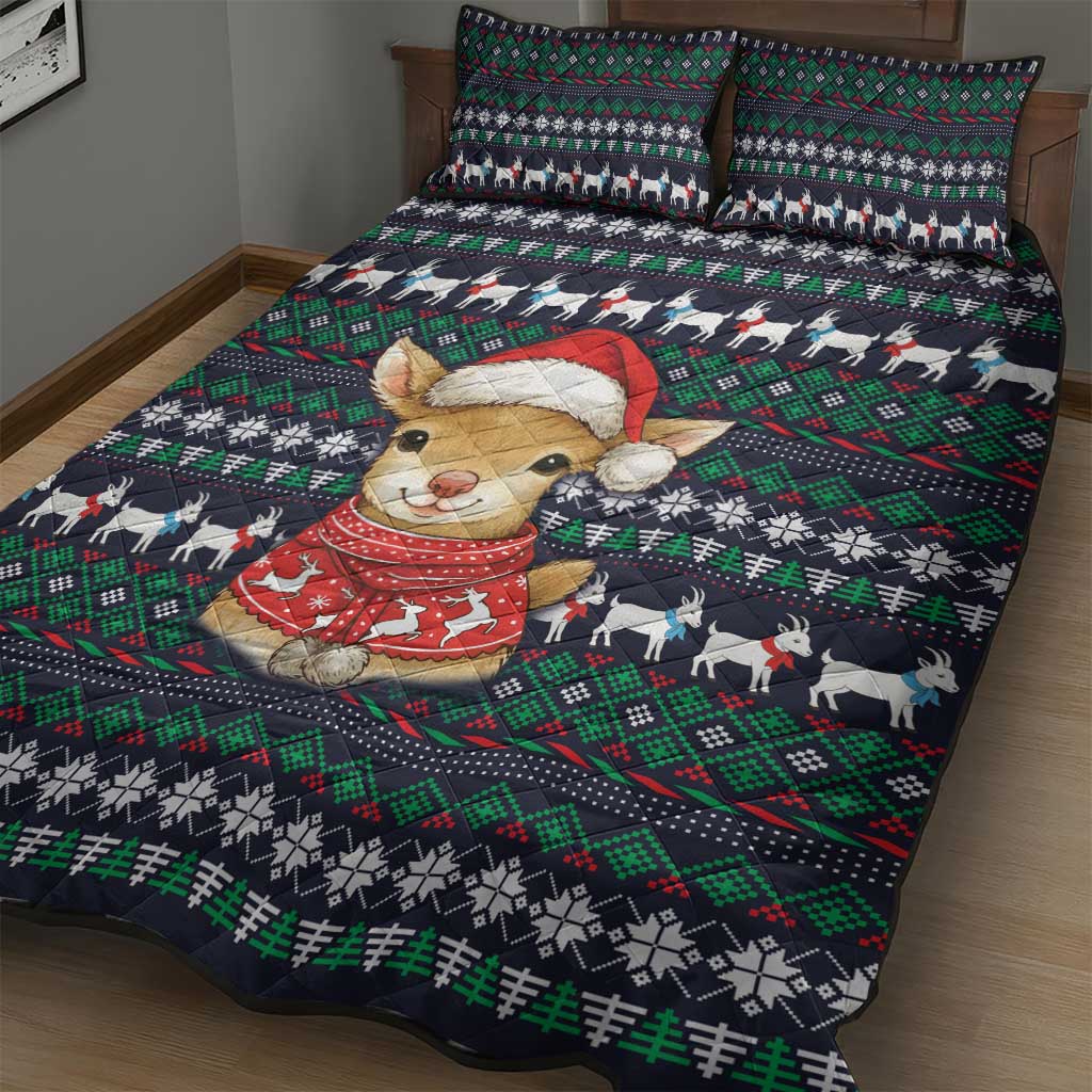 Cute Reindeer in Santa Hat Quilt Bed Set with Red Green Snowflake Knit Pattern Design - Wonder Print Shop