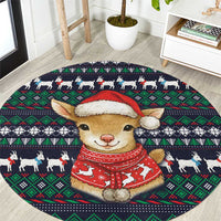 Cute Reindeer in Santa Hat Round Carpet with Red Green Snowflake Knit Pattern Design - Wonder Print Shop