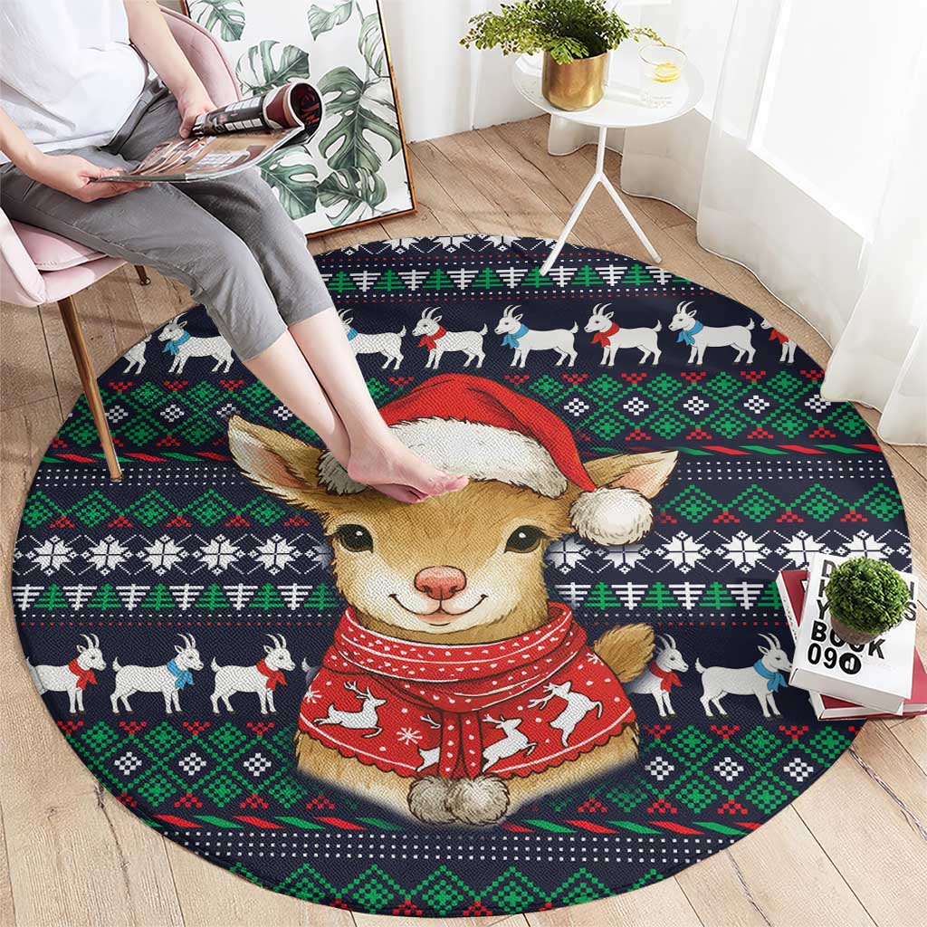 Cute Reindeer in Santa Hat Round Carpet with Red Green Snowflake Knit Pattern Design - Wonder Print Shop