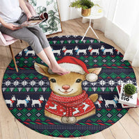 Cute Reindeer in Santa Hat Round Carpet with Red Green Snowflake Knit Pattern Design - Wonder Print Shop