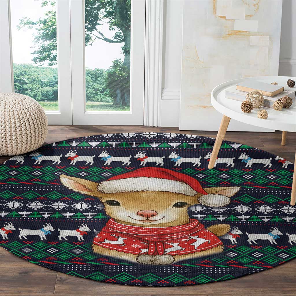Cute Reindeer in Santa Hat Round Carpet with Red Green Snowflake Knit Pattern Design - Wonder Print Shop
