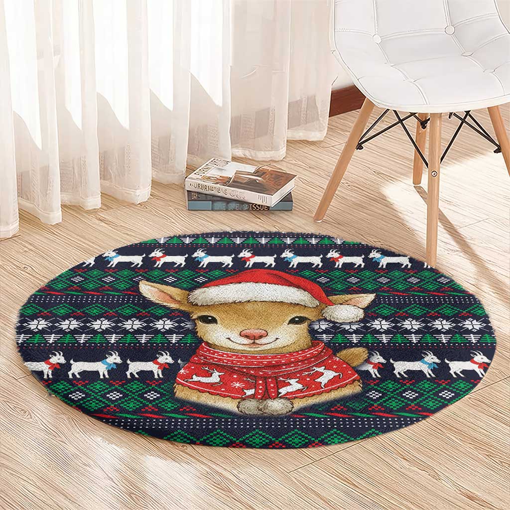 Cute Reindeer in Santa Hat Round Carpet with Red Green Snowflake Knit Pattern Design - Wonder Print Shop