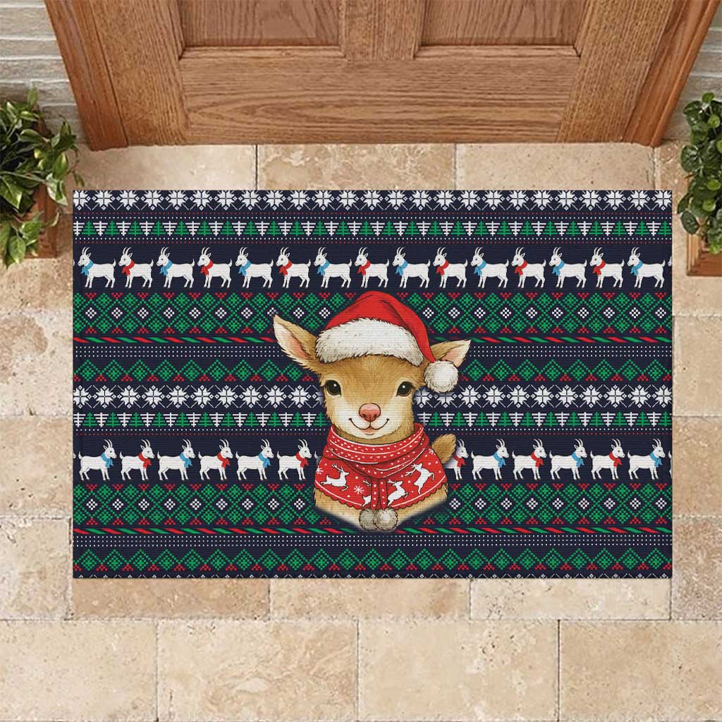 Cute Reindeer in Santa Hat Rubber Doormat with Red Green Snowflake Knit Pattern Design - Wonder Print Shop