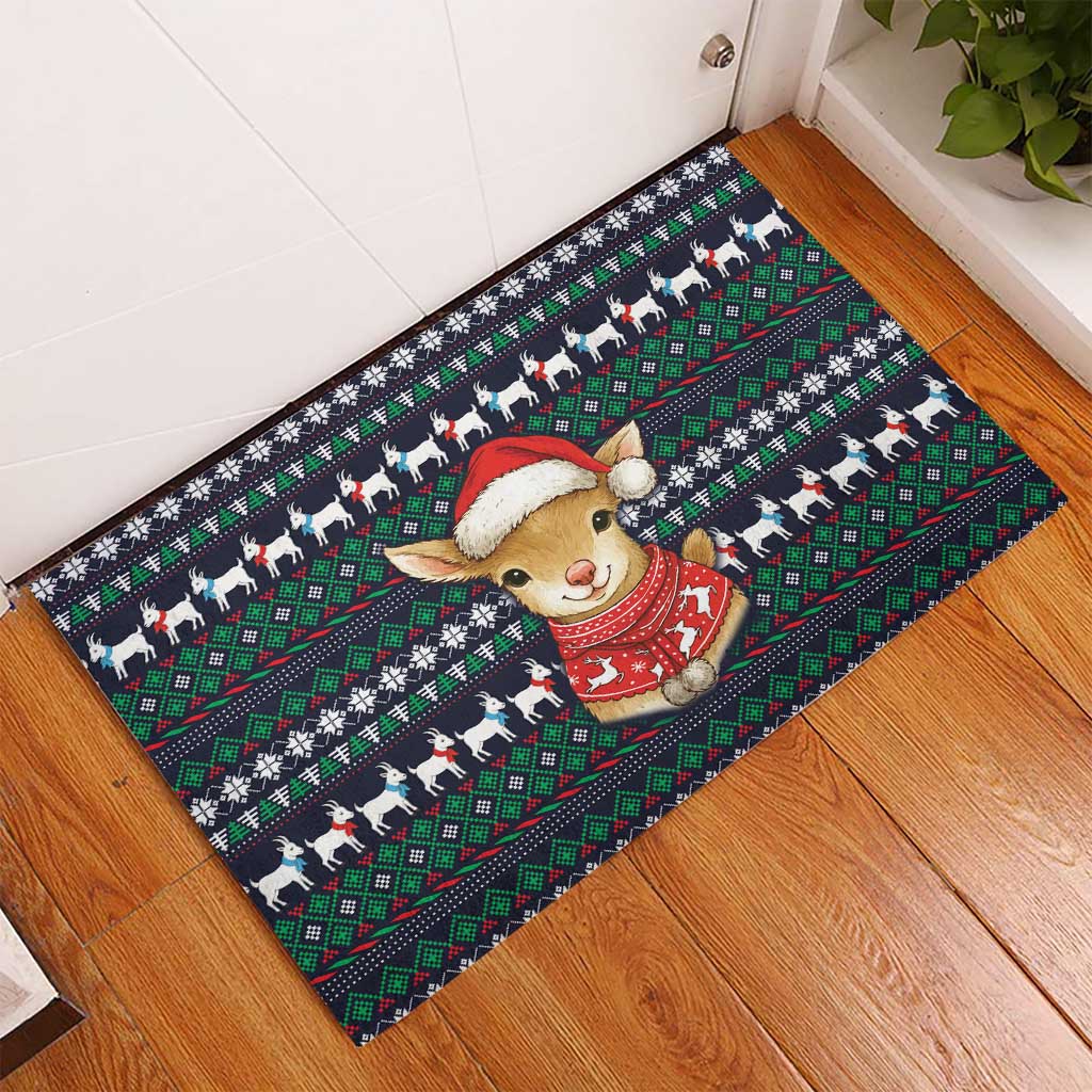 Cute Reindeer in Santa Hat Rubber Doormat with Red Green Snowflake Knit Pattern Design - Wonder Print Shop