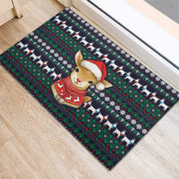 Cute Reindeer in Santa Hat Rubber Doormat with Red Green Snowflake Knit Pattern Design - Wonder Print Shop