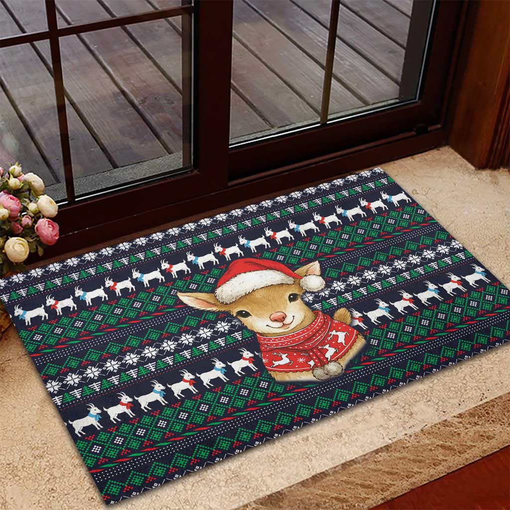 Cute Reindeer in Santa Hat Rubber Doormat with Red Green Snowflake Knit Pattern Design - Wonder Print Shop