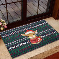 Cute Reindeer in Santa Hat Rubber Doormat with Red Green Snowflake Knit Pattern Design - Wonder Print Shop