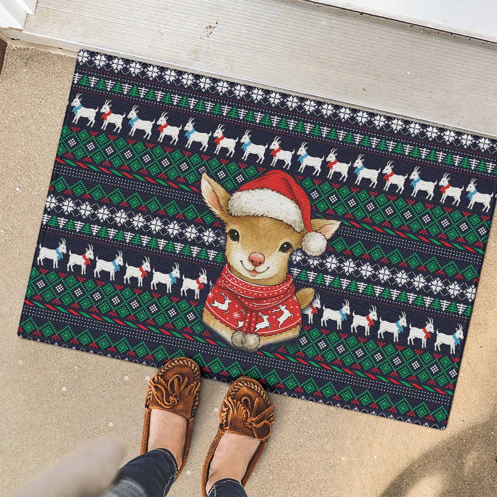 Cute Reindeer in Santa Hat Rubber Doormat with Red Green Snowflake Knit Pattern Design - Wonder Print Shop