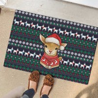 Cute Reindeer in Santa Hat Rubber Doormat with Red Green Snowflake Knit Pattern Design - Wonder Print Shop