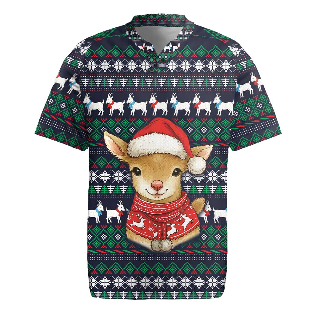 Cute Reindeer in Santa Hat Rugby Jersey with Red Green Snowflake Knit Pattern Design - Wonder Print Shop