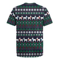 Cute Reindeer in Santa Hat Rugby Jersey with Red Green Snowflake Knit Pattern Design - Wonder Print Shop