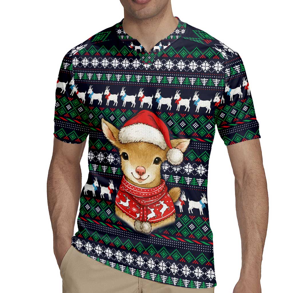 Cute Reindeer in Santa Hat Rugby Jersey with Red Green Snowflake Knit Pattern Design - Wonder Print Shop