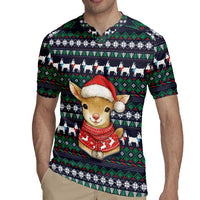 Cute Reindeer in Santa Hat Rugby Jersey with Red Green Snowflake Knit Pattern Design - Wonder Print Shop