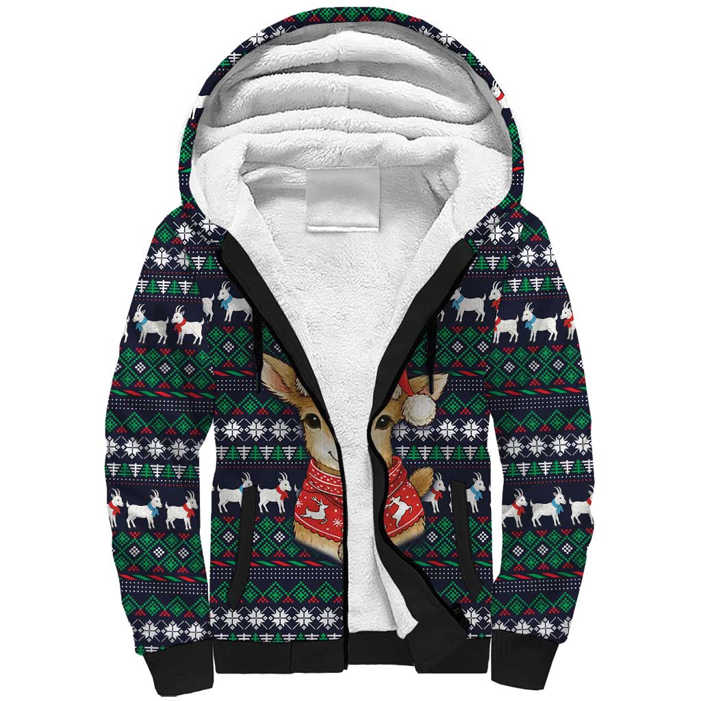 Cute Reindeer in Santa Hat Sherpa Hoodie with Red Green Snowflake Knit Pattern Design - Wonder Print Shop