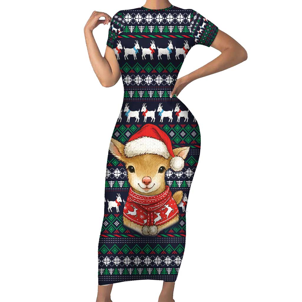 Cute Reindeer in Santa Hat Short Sleeve Bodycon Dress with Red Green Snowflake Knit Pattern Design - Wonder Print Shop