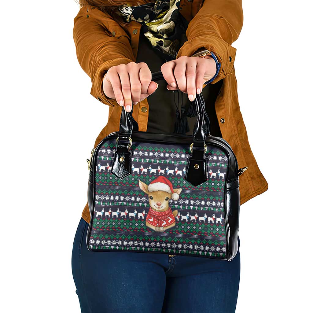 Cute Reindeer in Santa Hat Shoulder Handbag with Red Green Snowflake Knit Pattern Design - Wonder Print Shop