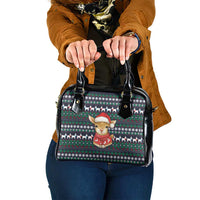 Cute Reindeer in Santa Hat Shoulder Handbag with Red Green Snowflake Knit Pattern Design - Wonder Print Shop