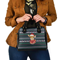 Cute Reindeer in Santa Hat Shoulder Handbag with Red Green Snowflake Knit Pattern Design - Wonder Print Shop