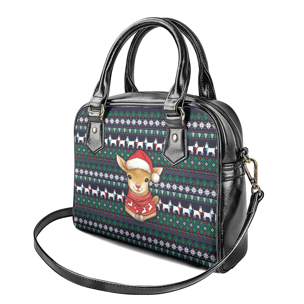 Cute Reindeer in Santa Hat Shoulder Handbag with Red Green Snowflake Knit Pattern Design - Wonder Print Shop