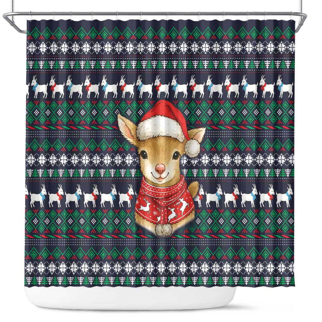 Cute Reindeer in Santa Hat Shower Curtain with Red Green Snowflake Knit Pattern Design - Wonder Print Shop