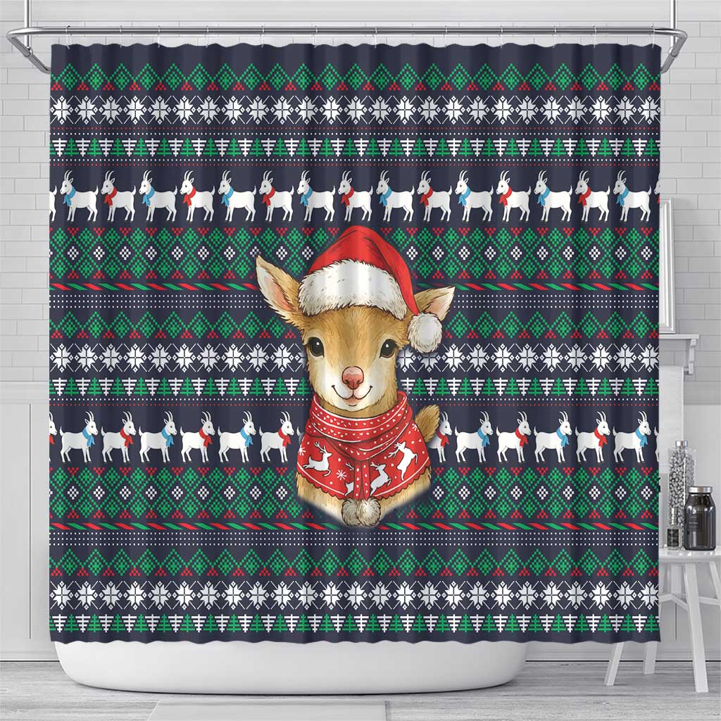 Cute Reindeer in Santa Hat Shower Curtain with Red Green Snowflake Knit Pattern Design - Wonder Print Shop