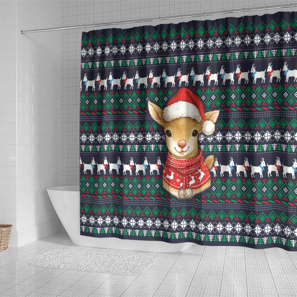Cute Reindeer in Santa Hat Shower Curtain with Red Green Snowflake Knit Pattern Design - Wonder Print Shop